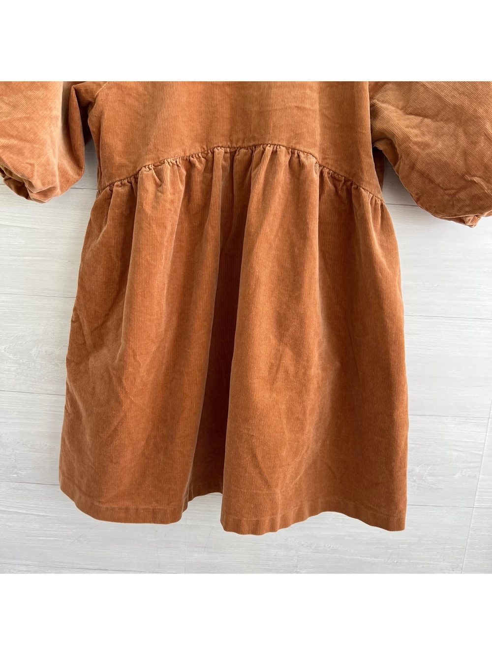 Everlane Camel Corduroy Mini Dress Puff Sleeve Scoop Back Pockets Women’s L - Picture 2 of 8